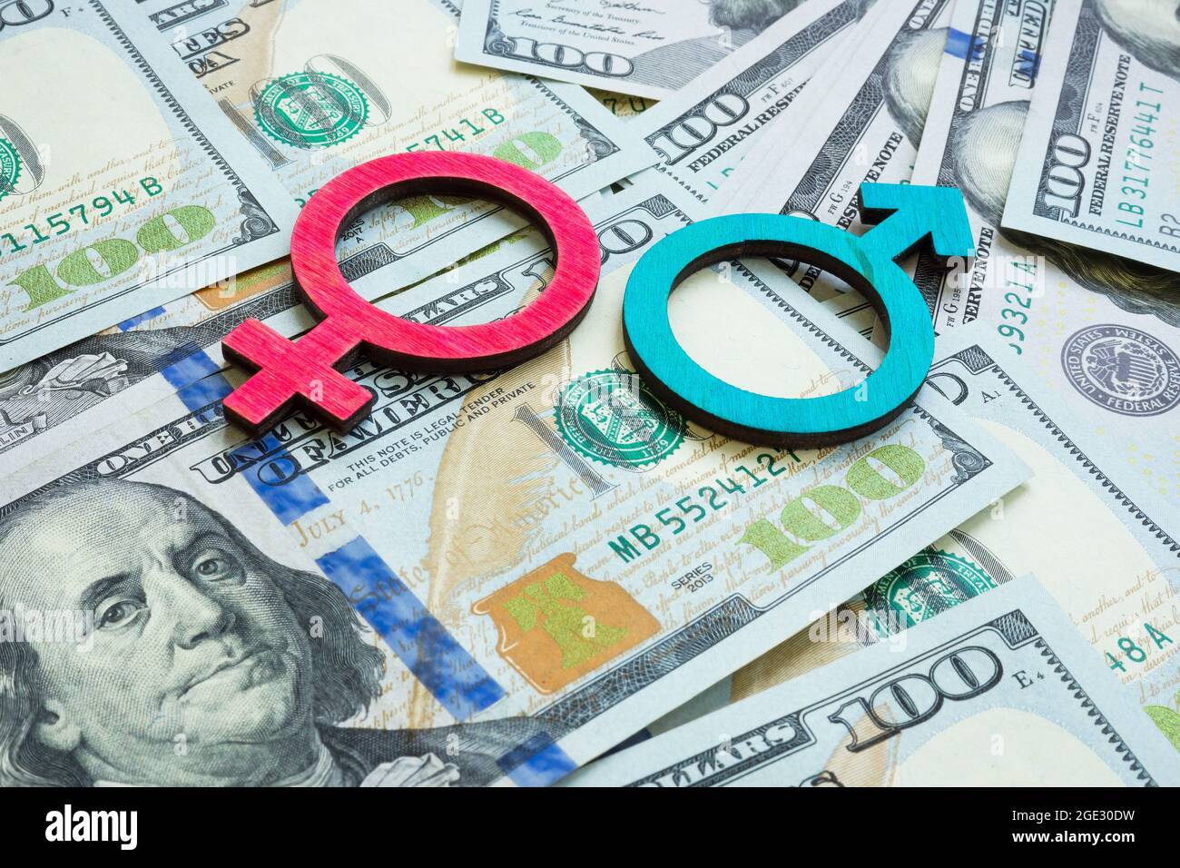 Salary and wage gap concept. Gender symbols and money. Stock Photo