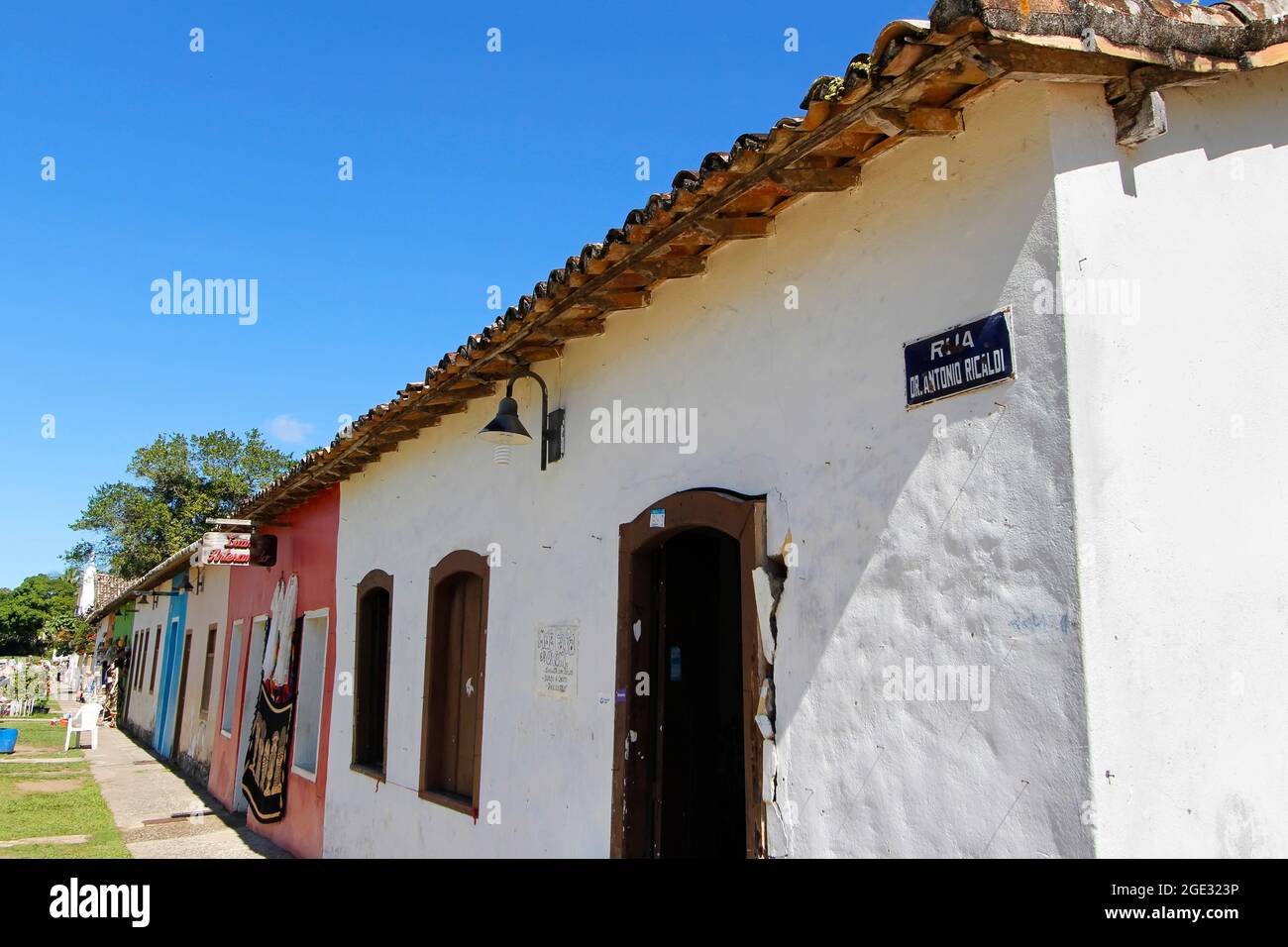 Porto Seguro, Bahia, Brazil - July 18, 2021: houses and characteristic architecture in the historic center (Cidade Alta) of Porto Seguro, Bahia Stock Photo