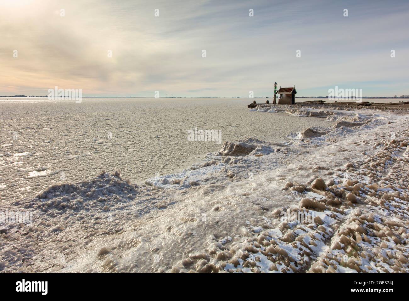 The Netherlands, Volendam, harbour, winter, frozen, frost, ice. Markermeer. Stock Photo