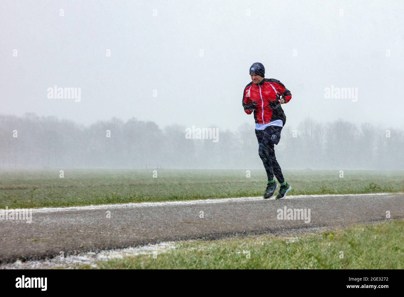 The Netherlands, Hilversum, Runner, jogger in snowstorm. Winter. Stock Photo