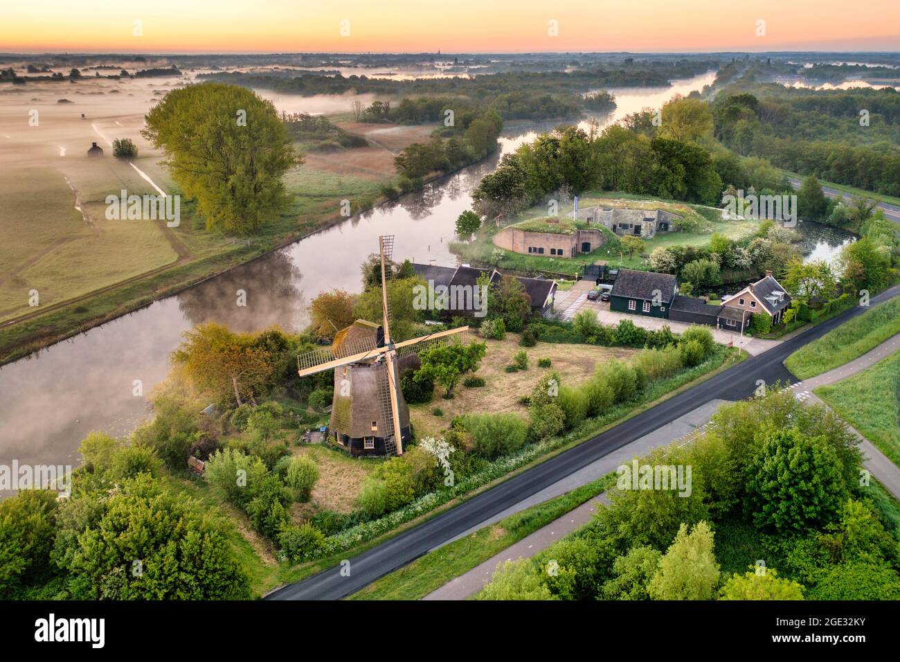 The Netherlands, Kortenhoef, Fort Kijkuit. New Dutch Defence Line, Dutch Water Defence Lines. Unesco World Heritage Site. Aerial. Stock Photo