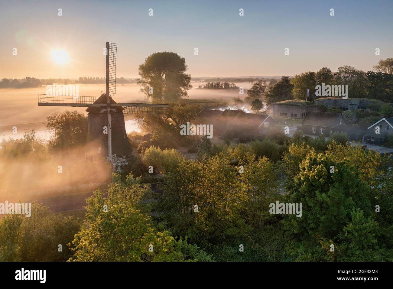 The Netherlands, Kortenhoef, Fort Kijkuit. New Dutch Defence Line, Dutch Water Defence Lines. Unesco World Heritage Site. Aerial. Sunrise. Stock Photo