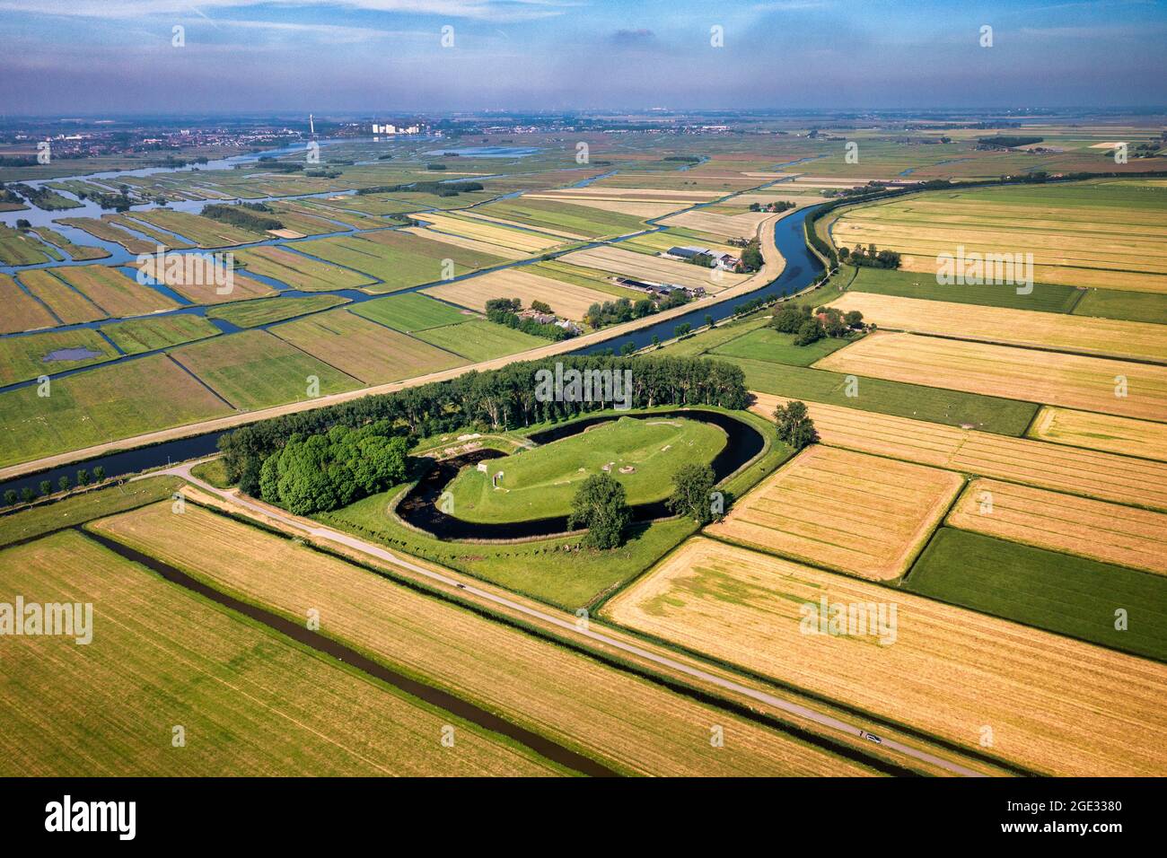 The Netherlands, Zuidoostbeemster. Fort aan de Jisperweg. Amsterdam Defence Line, UNESCO World Heritage Site. Aerial. Nature reserve. Stock Photo