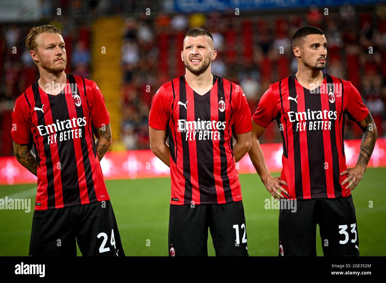 Trieste, Italy. 14th Aug, 2021. Line up AC Milan with Simon Kjaer, Ante  Rebic, Rade Krunic during AC Milan vs Panathinaikos FC, friendly football  match in Trieste, Italy, August 14 2021 Credit: