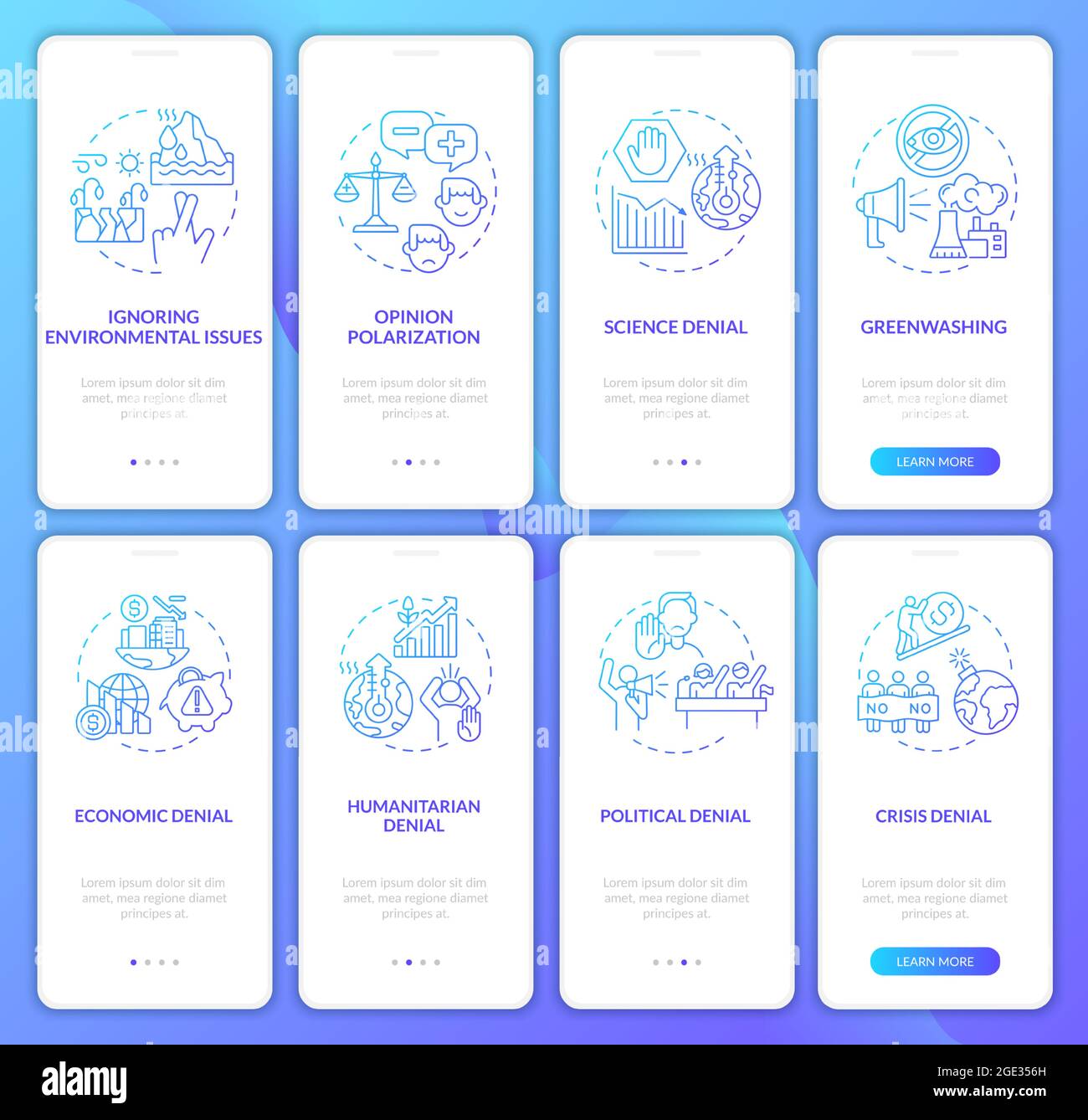 Climate skepticism gradient onboarding mobile app page screen set Stock Vector