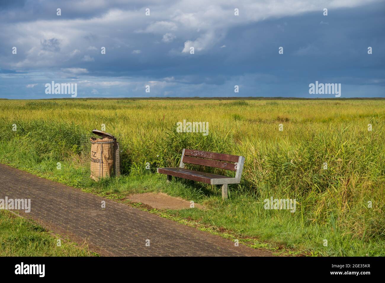 Lndschaft mit Sitzbank und Mülleimer an einem Wanderweg an der Küste von Sankt Peter-Ording Stock Photo