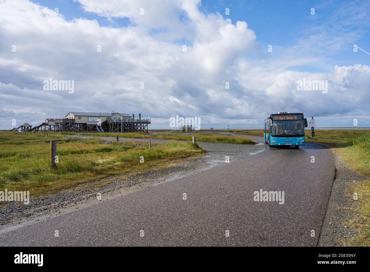Ein Schuttelbus transportiert Touristen zu den Pfahlbauten bei Pöhl im Wattenmeer Stock Photo