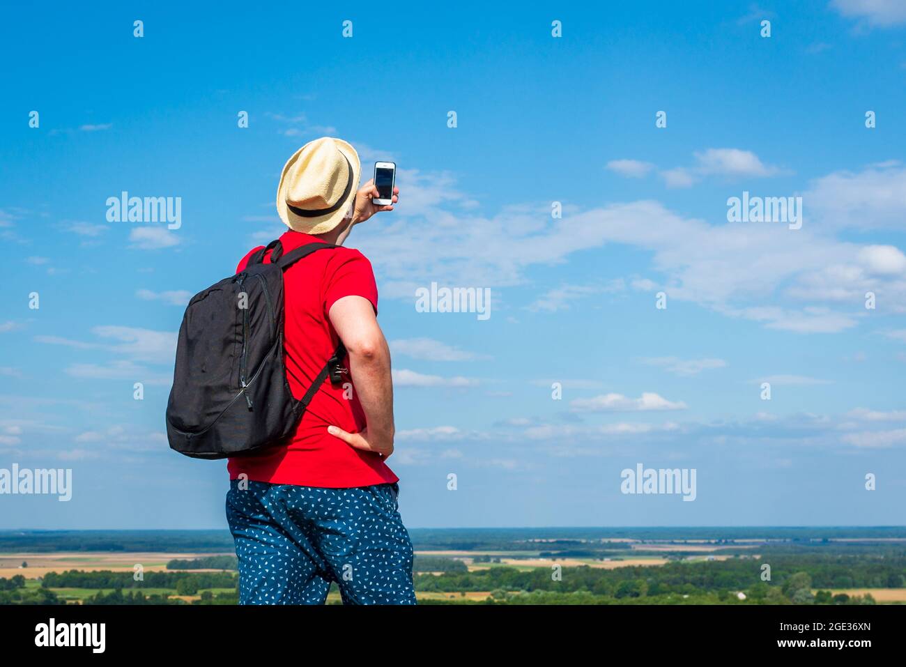 Young backpacker man taking selfie picture using smartphone.cloudy sky  weather mountain summer range.Landscape summer background.Active sport  backpack Stock Photo - Alamy