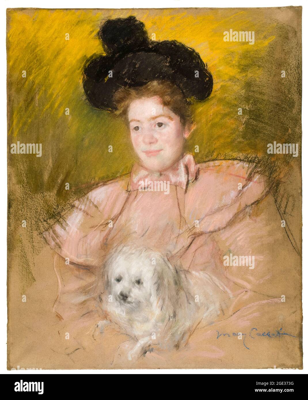 Mary Cassatt, Woman in Raspberry Costume Holding a Dog, portrait drawing, circa 1901 Stock Photo