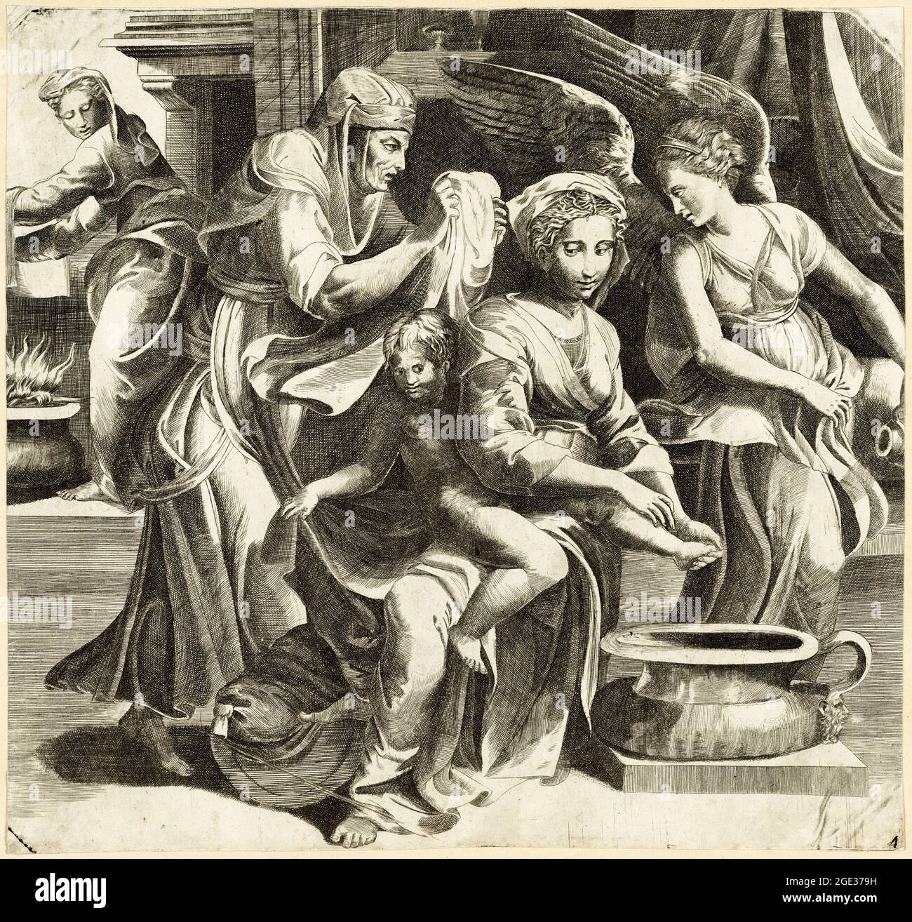 Giulio Romano (Giulio Pippi), Mary washes the feet of the young Christ, engraving, 1509-1546 Stock Photo