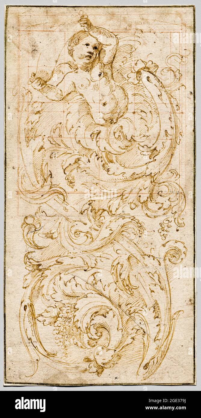 Giulio Romano (Giulio Pippi), Design for a Frieze with a Putto and Acanthus Leaves, drawing, circa 1520 Stock Photo