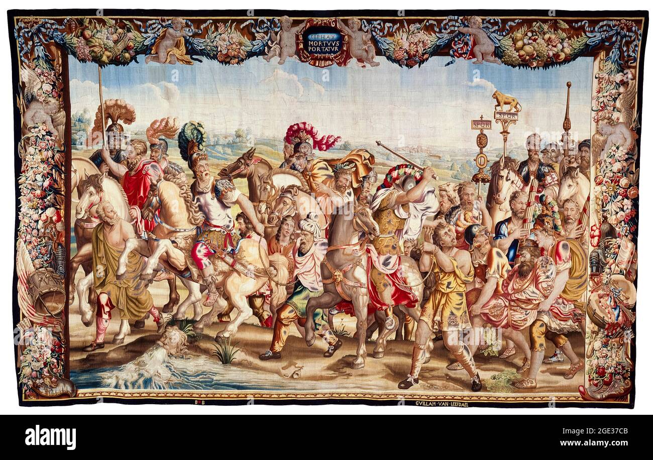 Giulio Romano (Giulio Pippi), The Dead King Syphax Carried from the Battlefield, tapestry, 1640-1660 Stock Photo