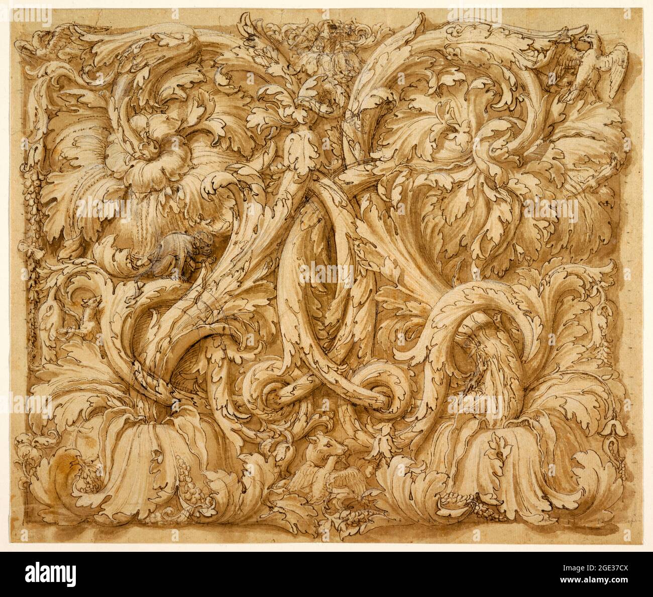 Giulio Romano (Giulio Pippi), Design for Acanthus Rinceaux with Animals and Birds, drawing, 1524-1545 Stock Photo