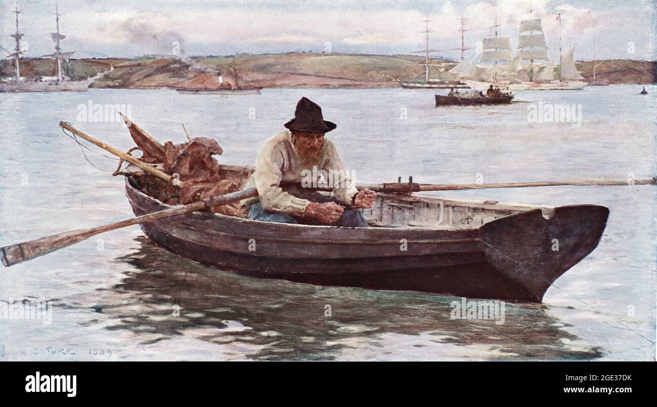 The Fisherman, man fishing from small boat of Falmouth Harbour, after