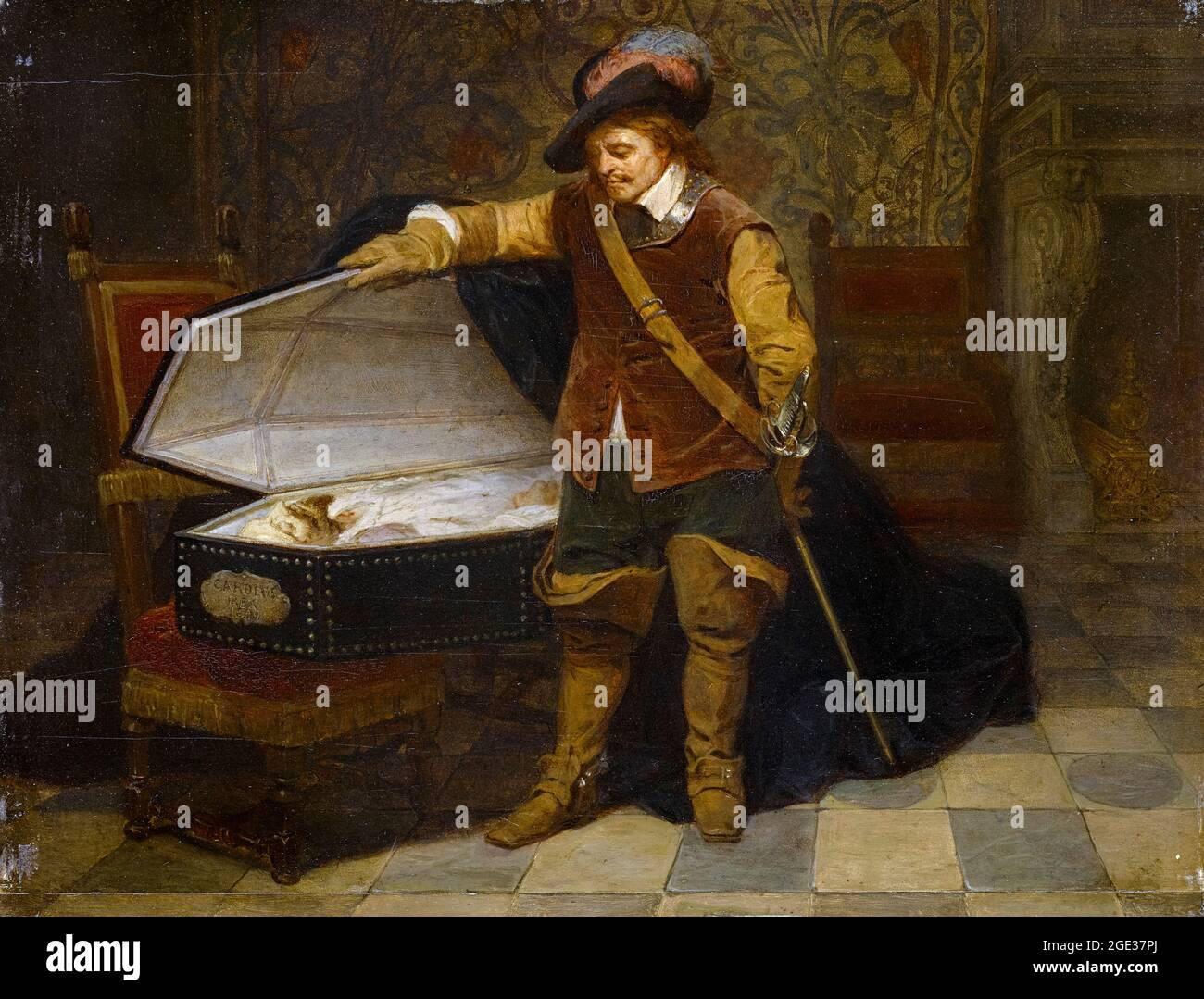 Oliver Cromwell (1599–1658), standing at the coffin of former King Charles I of England (1600–1649), painting by Paul Delaroche, after 1831 Stock Photo