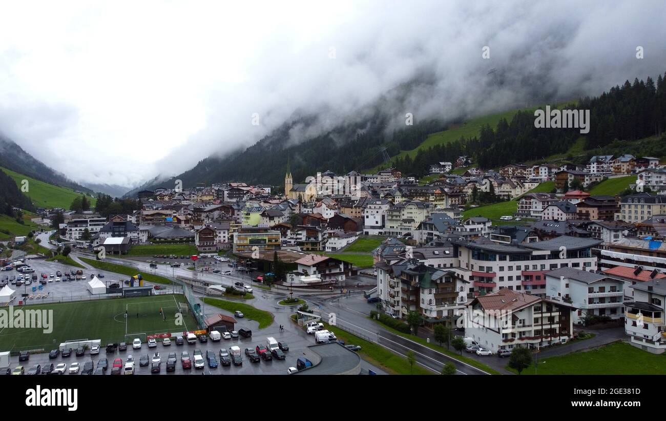 Village of Ischgl in Austria - aerial view Stock Photo