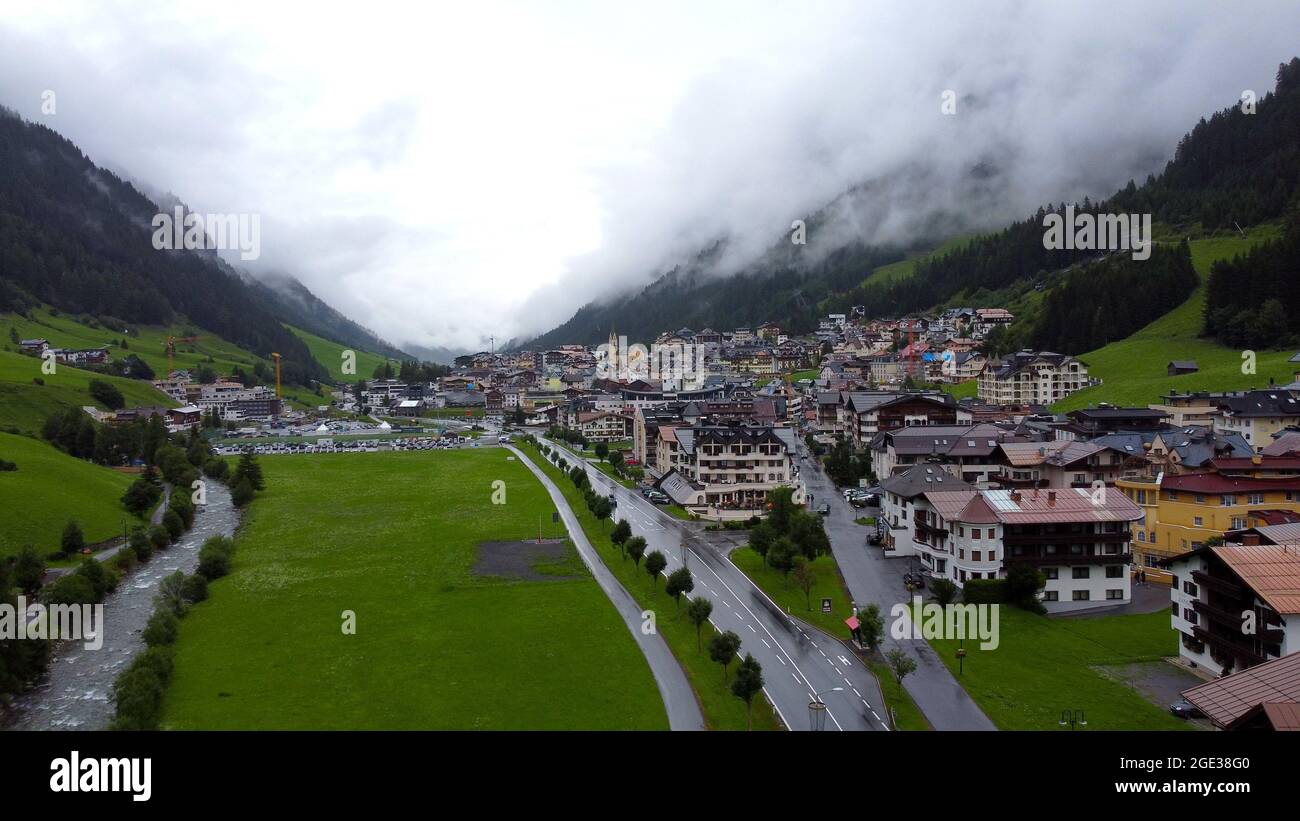 Village of Ischgl in Austria - aerial view Stock Photo