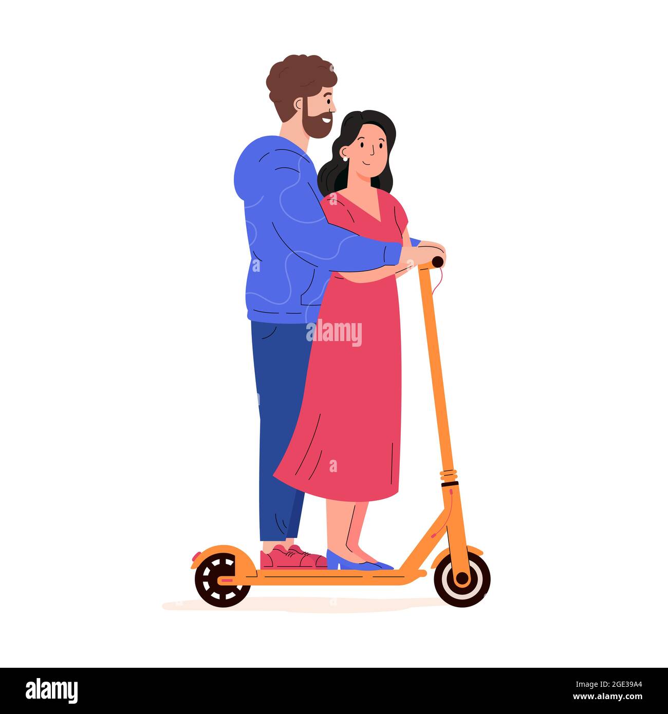 Couple rides together on a electric walk scooter.  Stock Vector