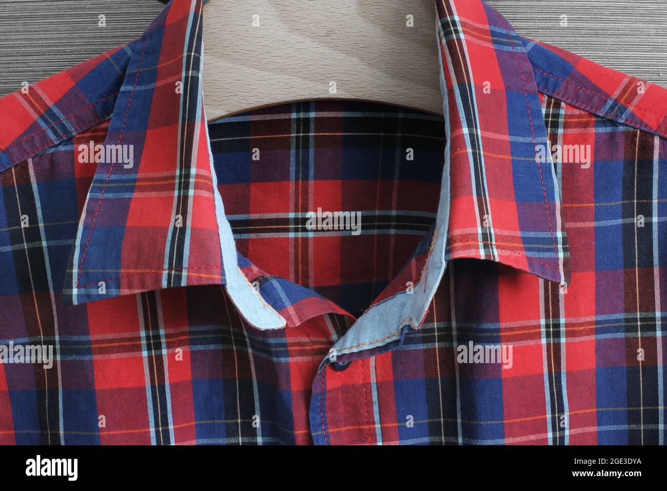 Texture of checkered flannel shirt. Collar Stock Photo