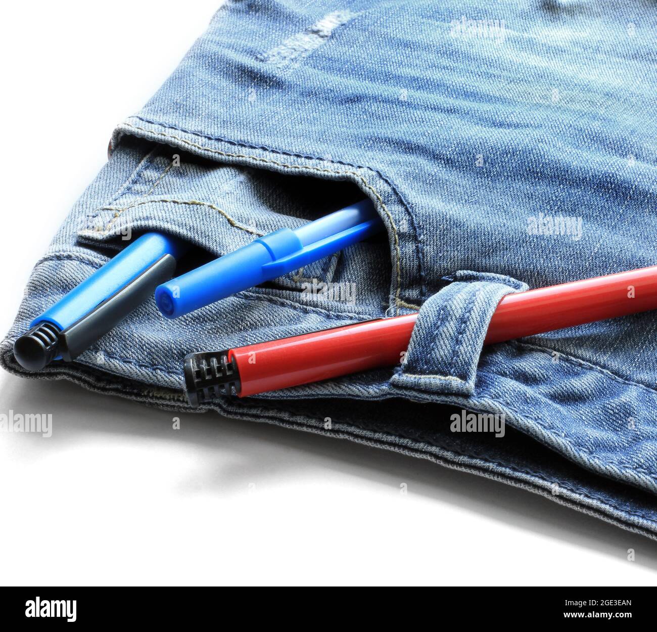 Markers in pocket. Markers in jeans pocket on white background Stock