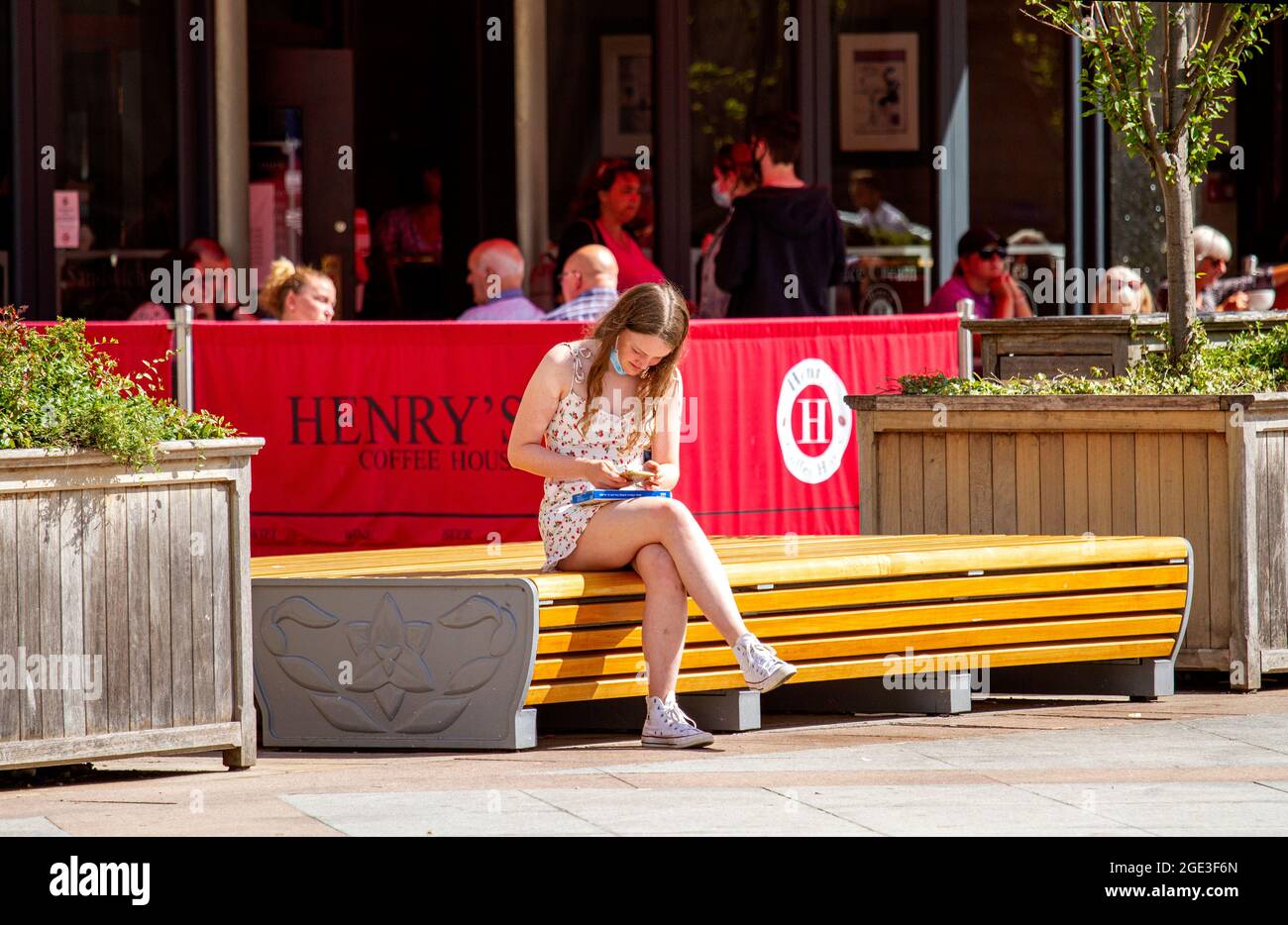 Dundee, Tayside, Scotland, UK. 16th Aug, 2021. UK Weather: A warm sunny day with a slight cool breeze across North East Scotland with temperatures reaching 20°C. A young woman sitting on a seat enjoying the warm sunshine whilst text messaging on her mobile phone and holding a Covid-19 self-test kit in Dundee city centre. Credit: Dundee Photographics/Alamy Live News Stock Photo