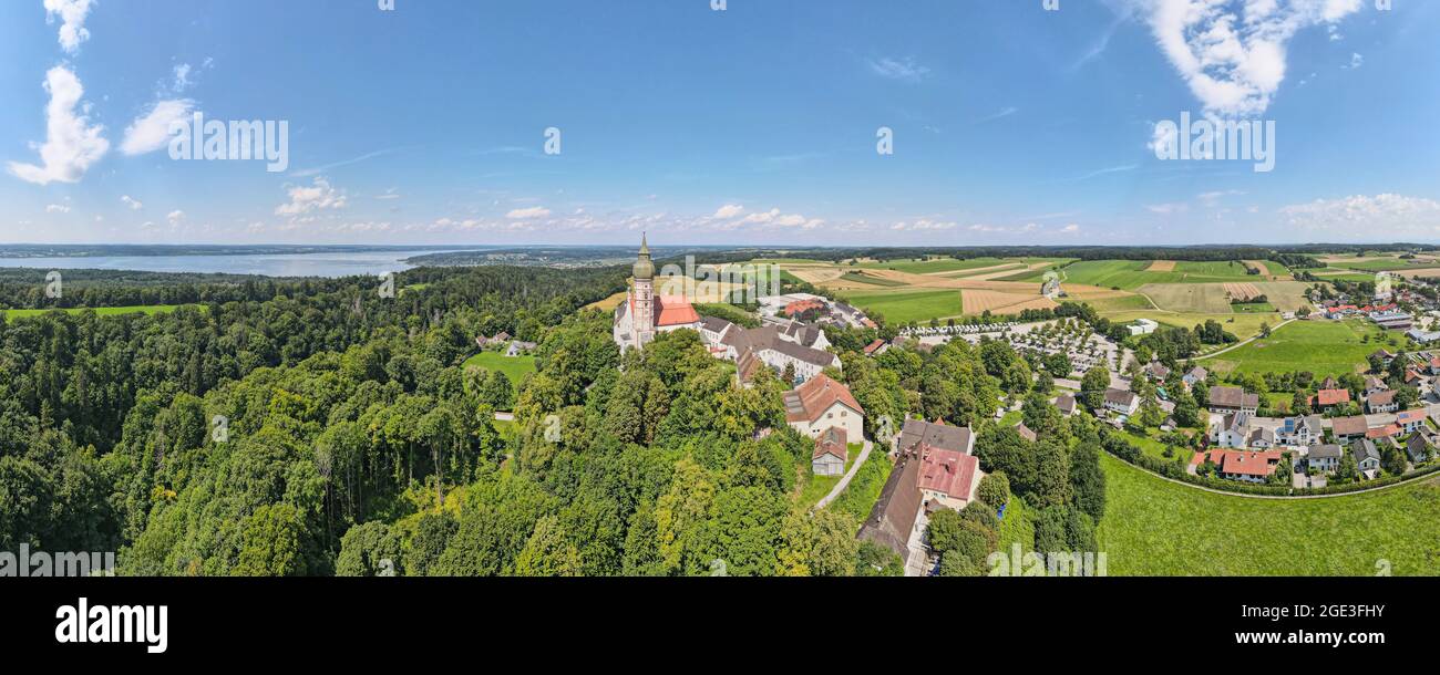 Aerial view on the Andechs Monastery and the Ammersee lake in summer Stock Photo