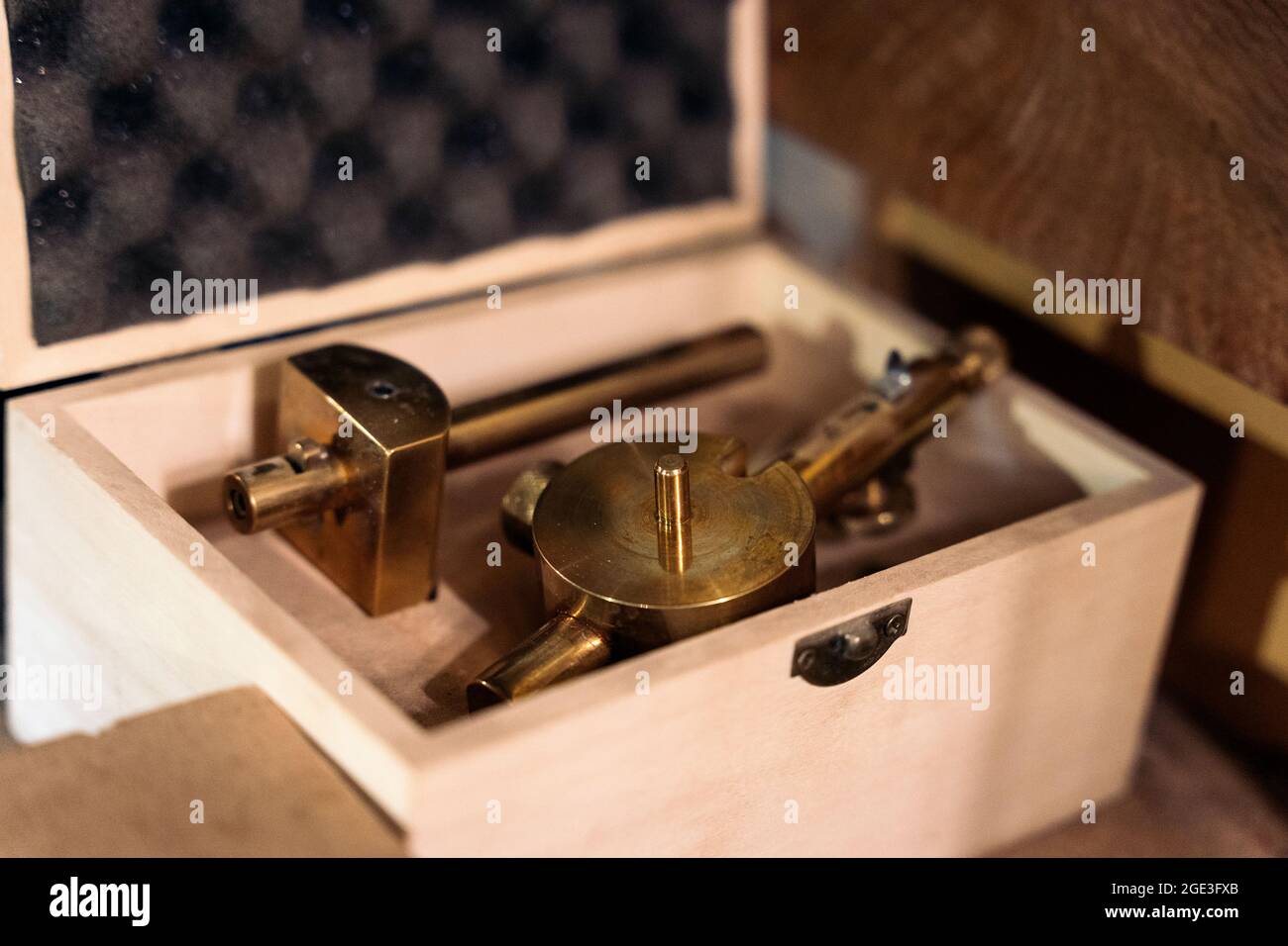 Close up os special tools used in lutier´s traditional workshop. Stock Photo