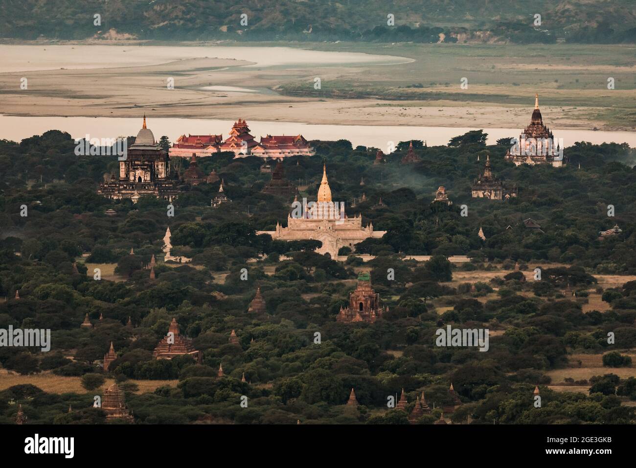 Various temples and museums in front of the Irrawaddy in Bagan in Myanmar seen from the balloon Stock Photo