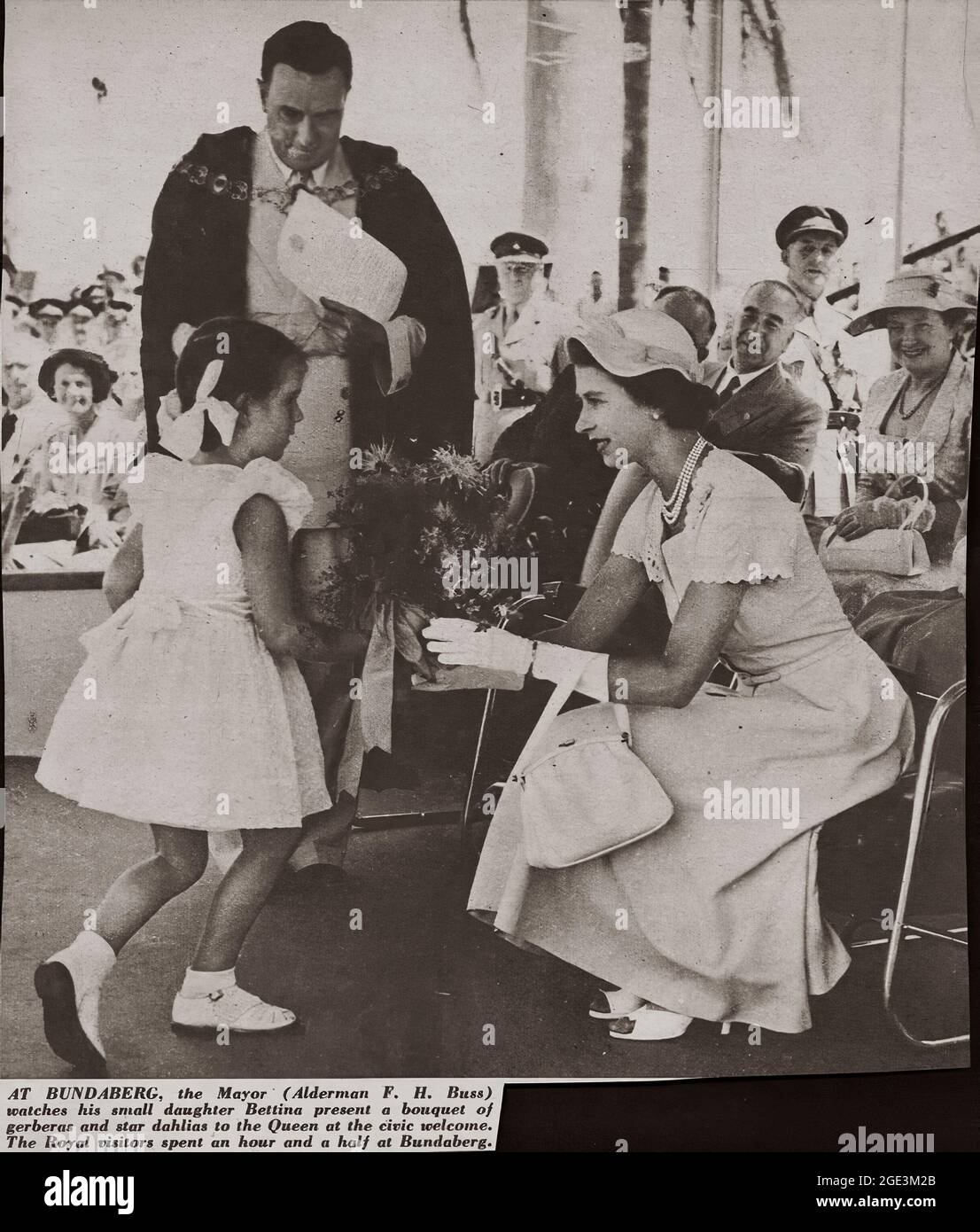 On 3 February 1954 the newly crowned Queen Elizabeth II stepped ashore in Sydney, becoming the first reigning monarch to visit Australia. Australians turned out in their millions to catch a glimpse of the young Queen.  She visited Australia for two months, keeping up a gruelling schedule and it is estimated that almost three-quarters of the Australian population saw the Queen at least once during the visit. From 9 - 18th March she visited Queensland and travelled to Brisbane, Bundaberg, Toowoomba, Cairns, Townsville, Mackay and Rockhampton. Stock Photo