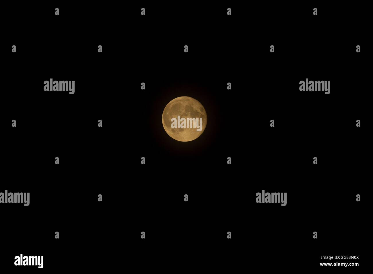 Full yellow moon on a pure black sky. Full moon phase, craters visible. Moscow, Russia. Close-up. Stock Photo