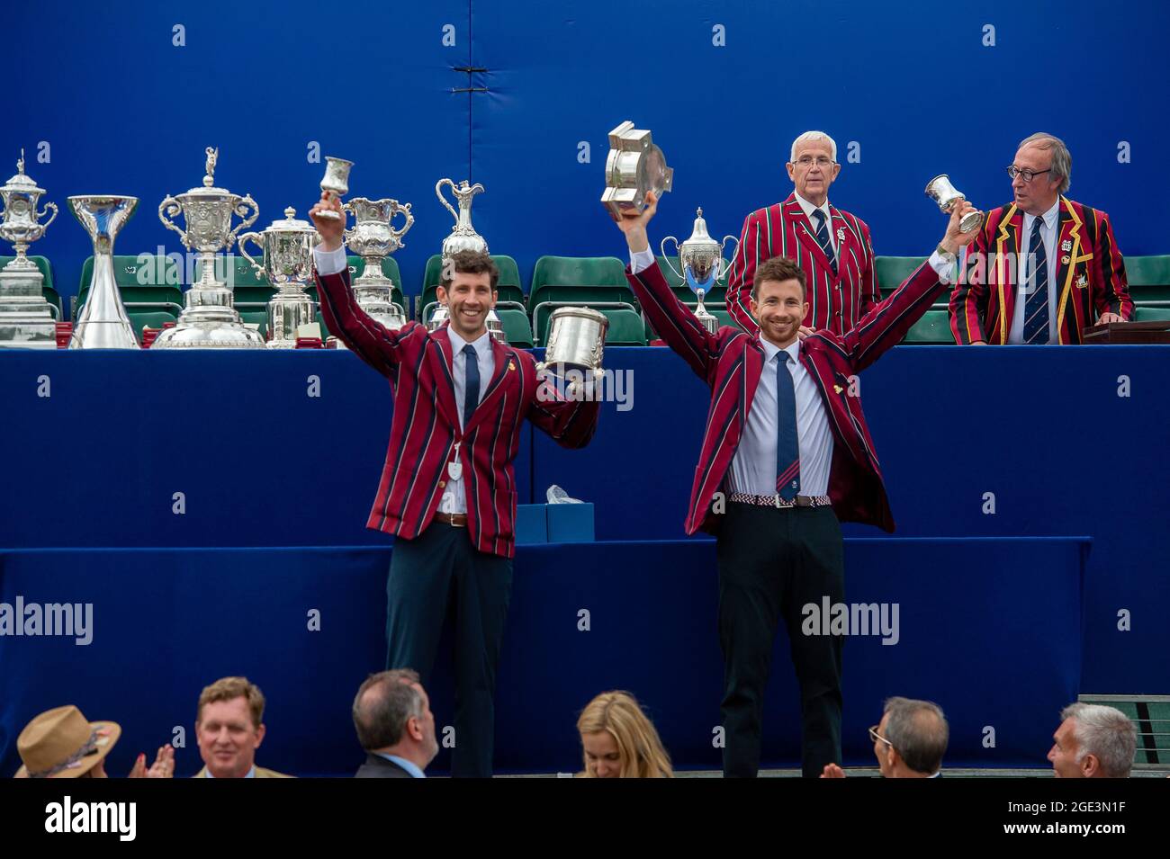 Henley-upon-Thames, Oxfordshire, UK. 15th August, 2021. O.P.W Parish and C.B.A Sullivan winners of the Silver Goblets & Nickalls' Challenge Cup Men's Pair Oars on Finals Day at Henley Royal Regatta 2021. Credit: Maureen McLean/Alamy Stock Photo