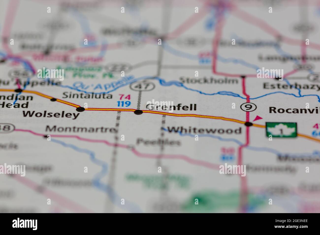 Grenfell Saskatchewan Canada Shown on a road map or Geography map Stock