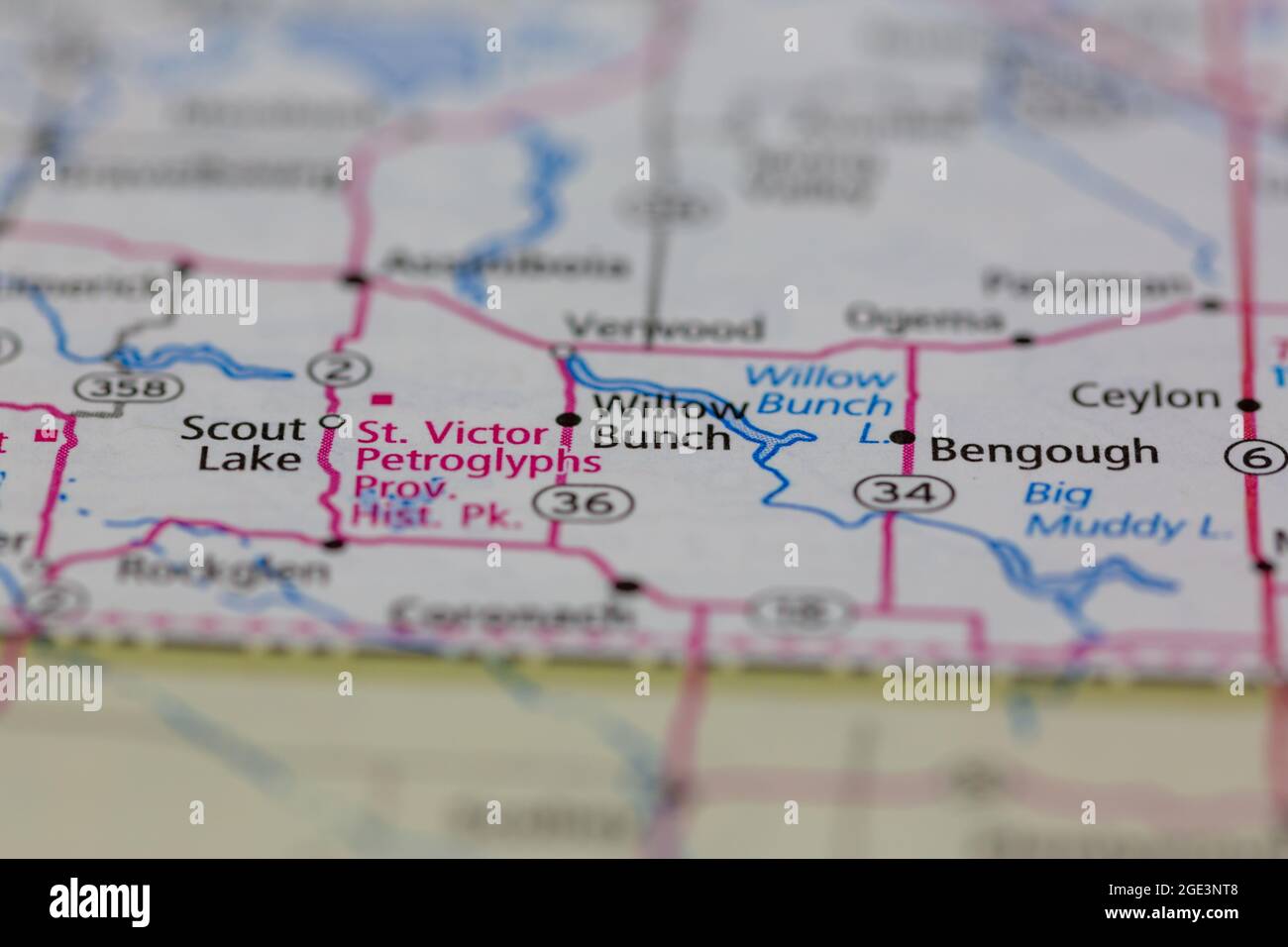 Willow Bunch Saskatchewan Canada Shown on a road map or Geography map Stock Photo