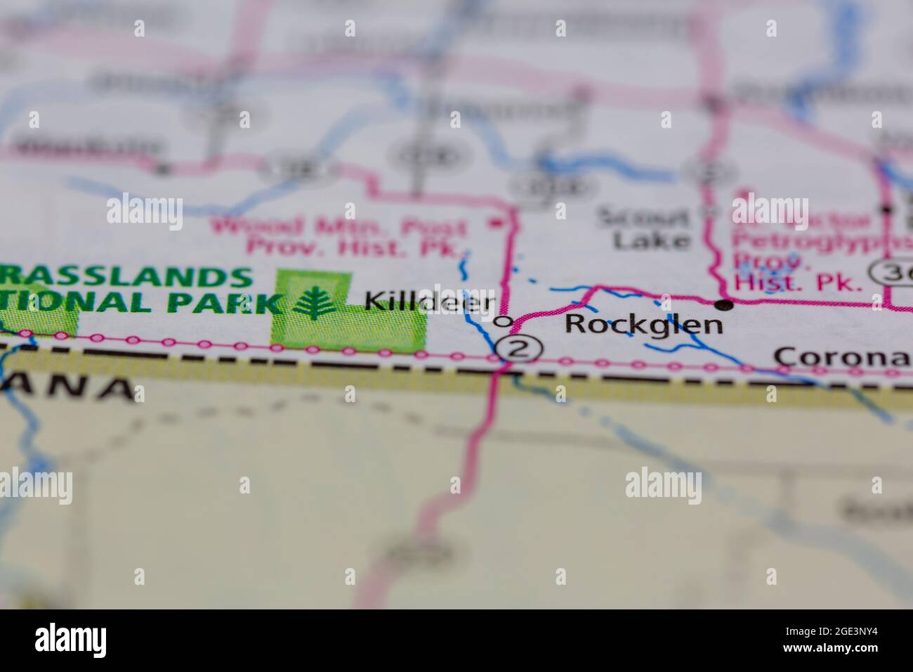 Killdeer Saskatchewan Canada Shown on a road map or Geography map Stock