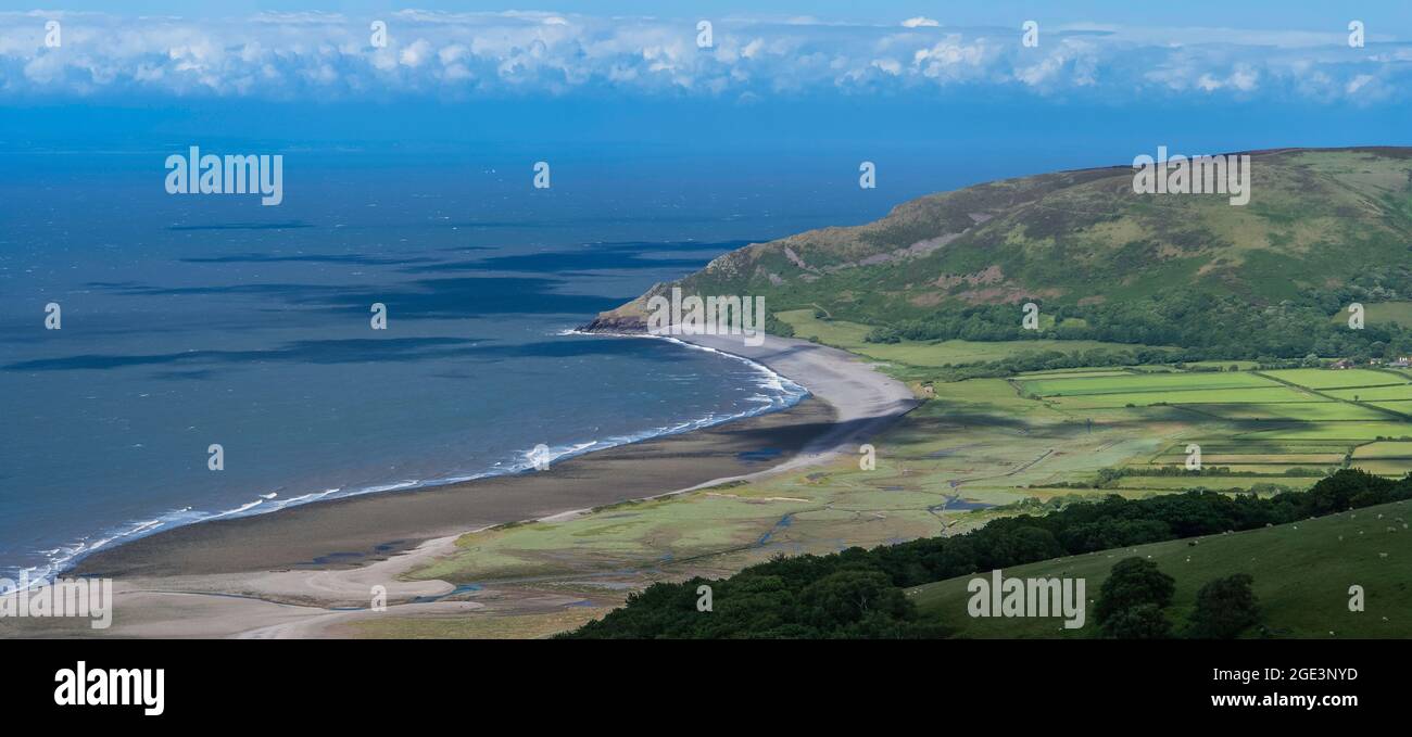 Porlock Hill is a section of the A39 west of the village of Porlock. The road climbs approximately 1,300 ft (400 m) in less than 2 miles (3.2 km) up o Stock Photo