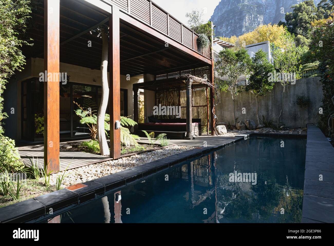 View of the beautiful, modern terrace and swimming pool Stock Photo