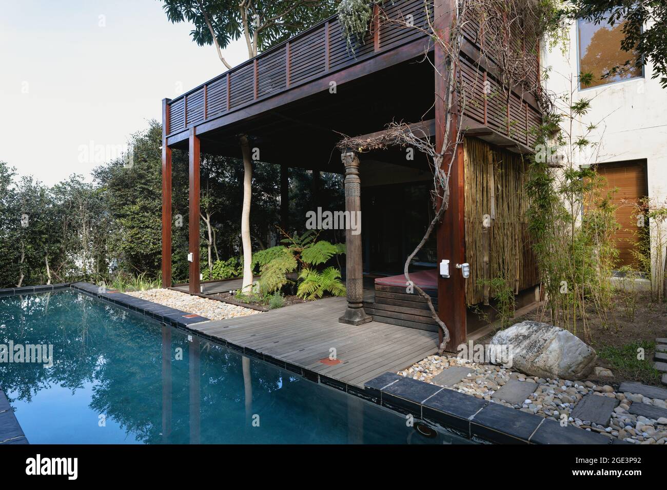 View of the beautiful, modern terrace and swimming pool Stock Photo