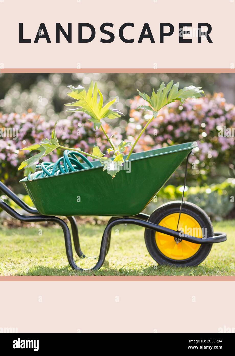 Composition of gardening services text over green grass and flowers Stock Photo