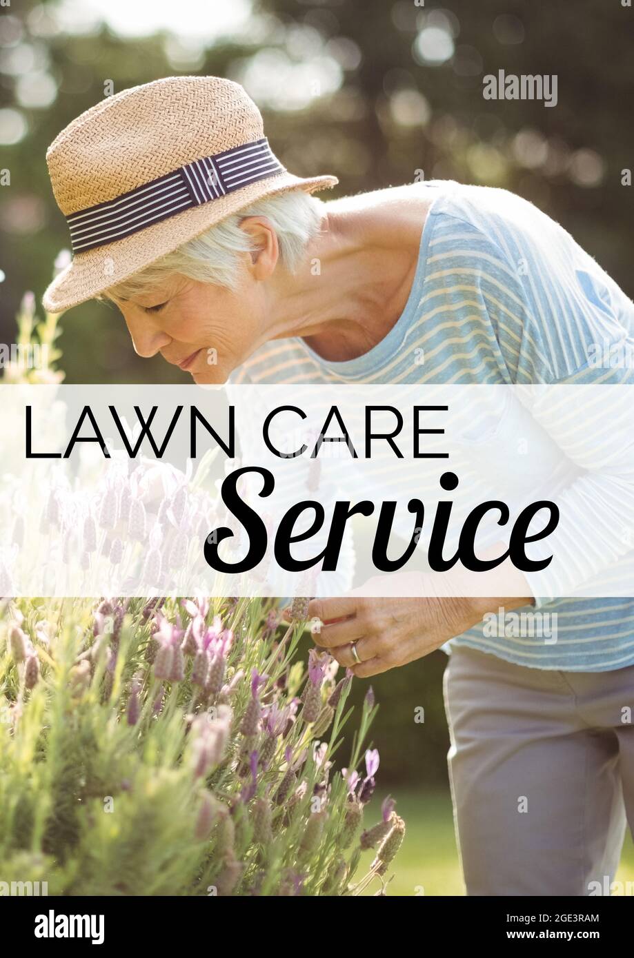 Composition of green gardening services text over woman in garden Stock Photo
