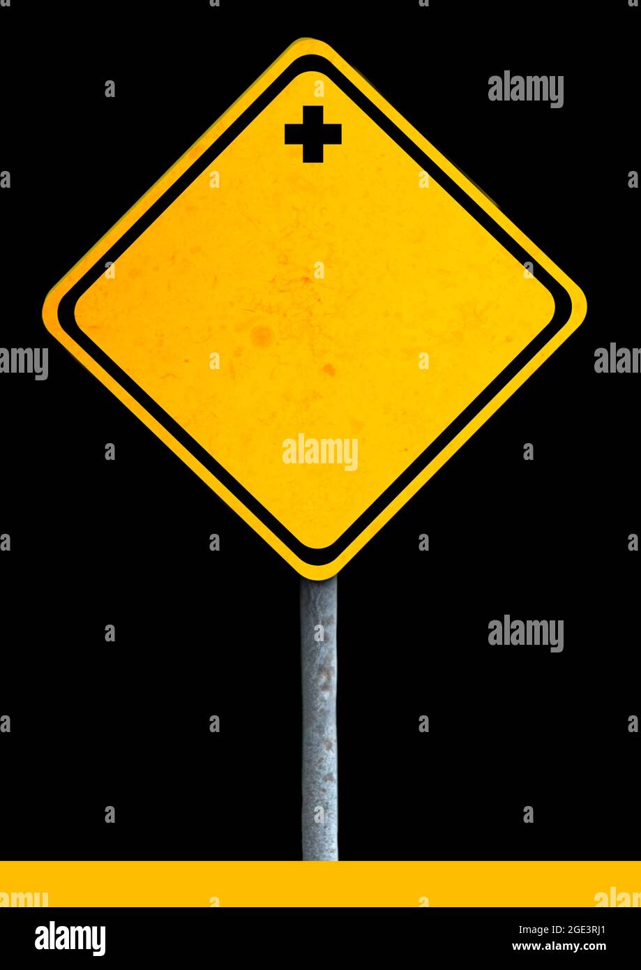 Composition of yellow warning sign over black background Stock Photo