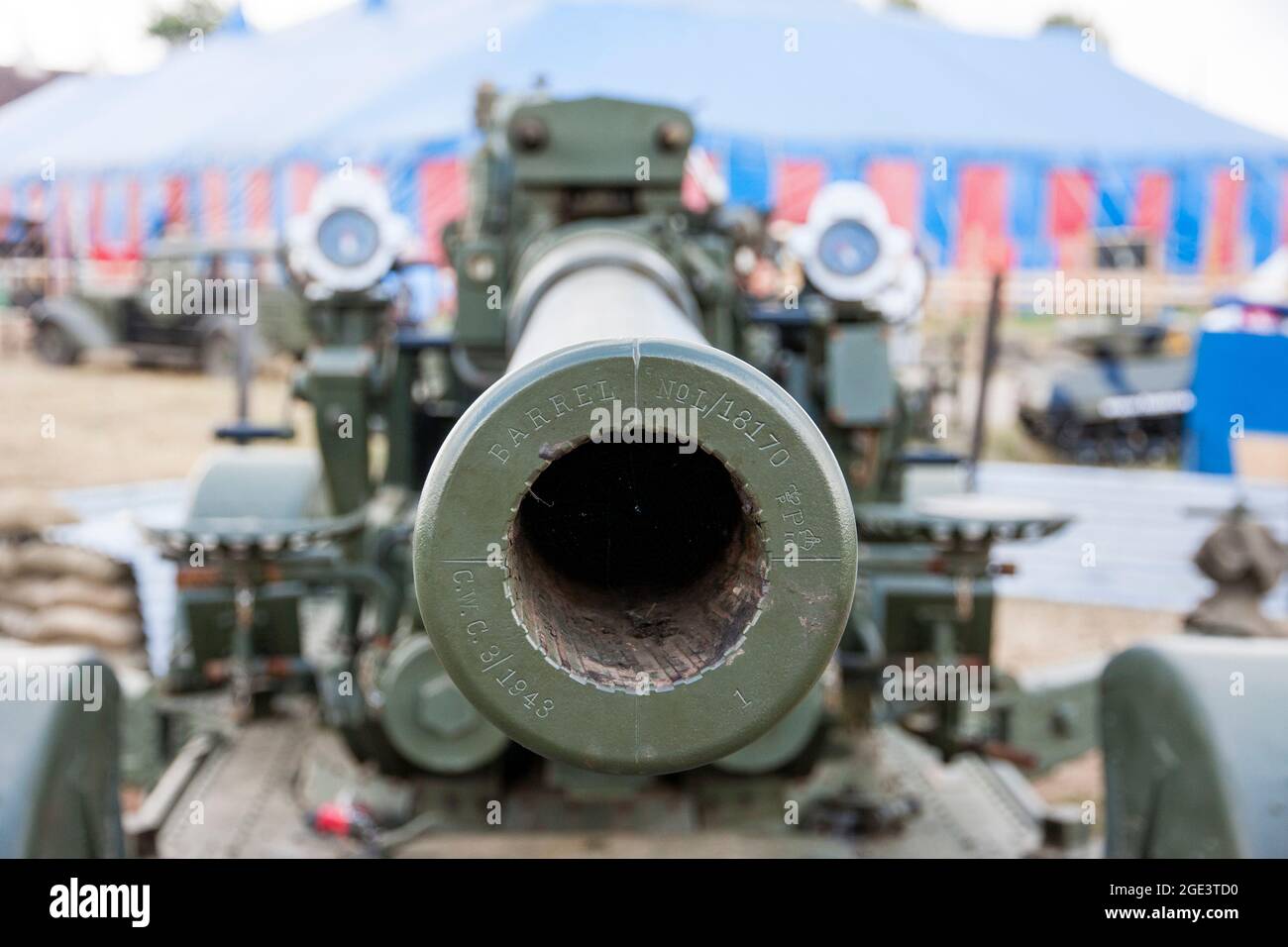 Looking down the barrel of a 1943 QF 3.7 inch anti-aircraft gun, mobile version, at the War and Peace show in England. Stock Photo