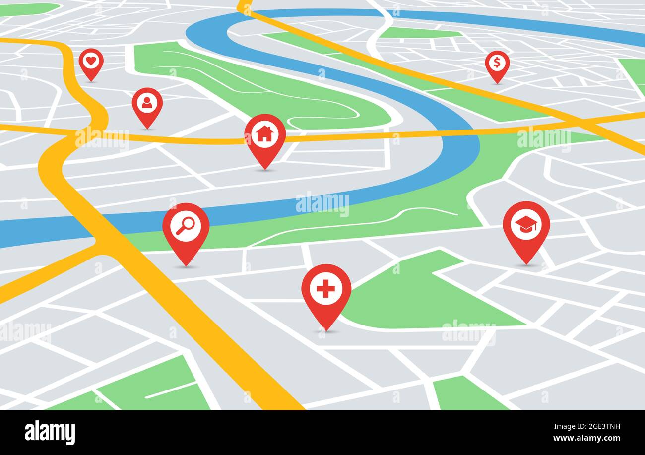 Perspective city map navigation with pin pointers. Urban downtown streets gps  navigator with red location markers vector illustration. Roads and  residential areas with hospital, school and home marks Stock Vector Image &