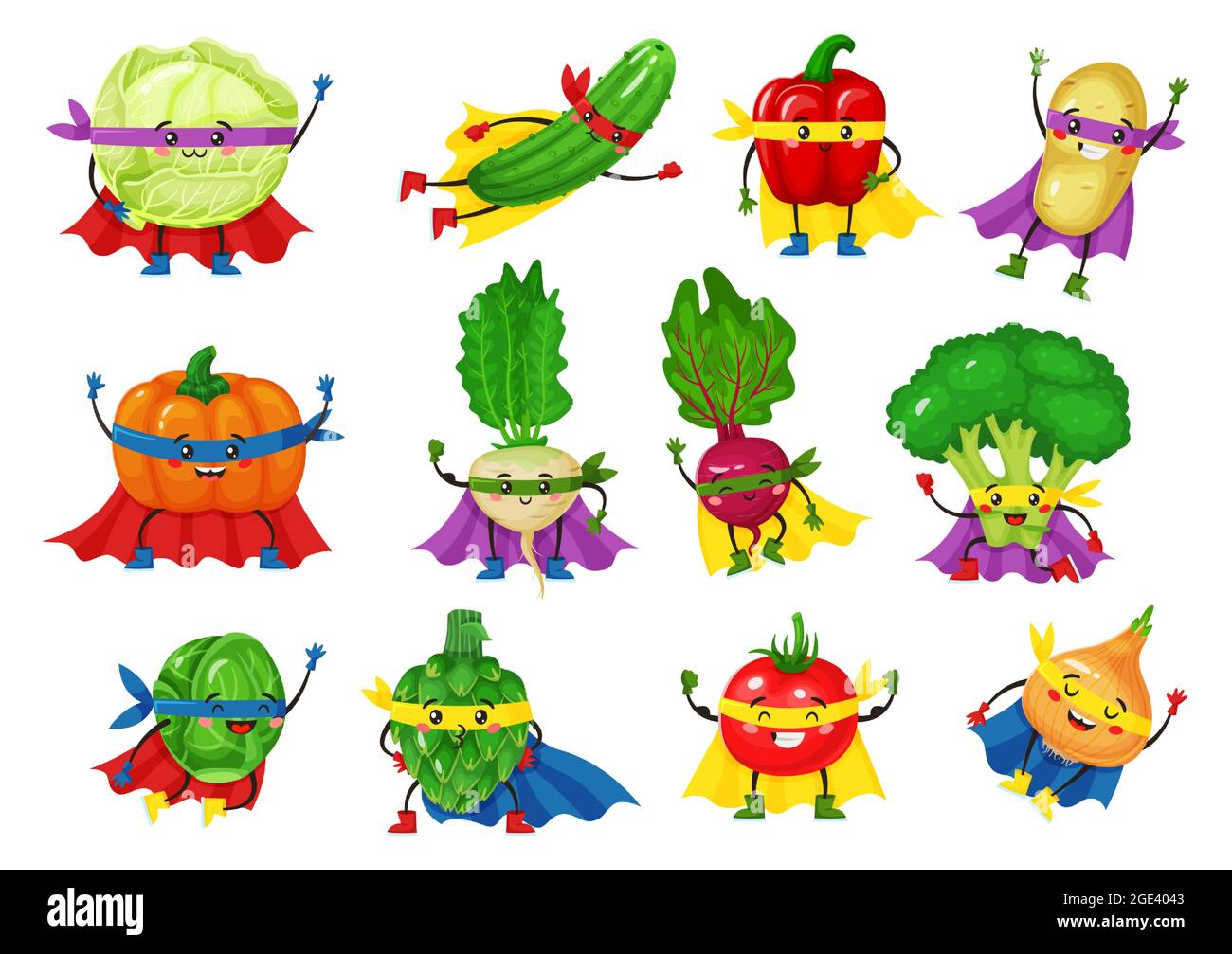 Vegetable hero characters. Funny tomato, broccoli, cucumber in superhero capes. Cute smiling vegetables superheroes mascot vector set. Organic fresh beetroot and pumpkin in masks and capes Stock Vector