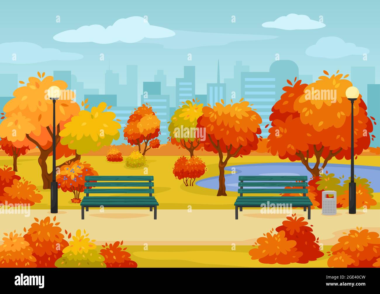 Cartoon autumn city park street with benches, trees and bushes. Fall