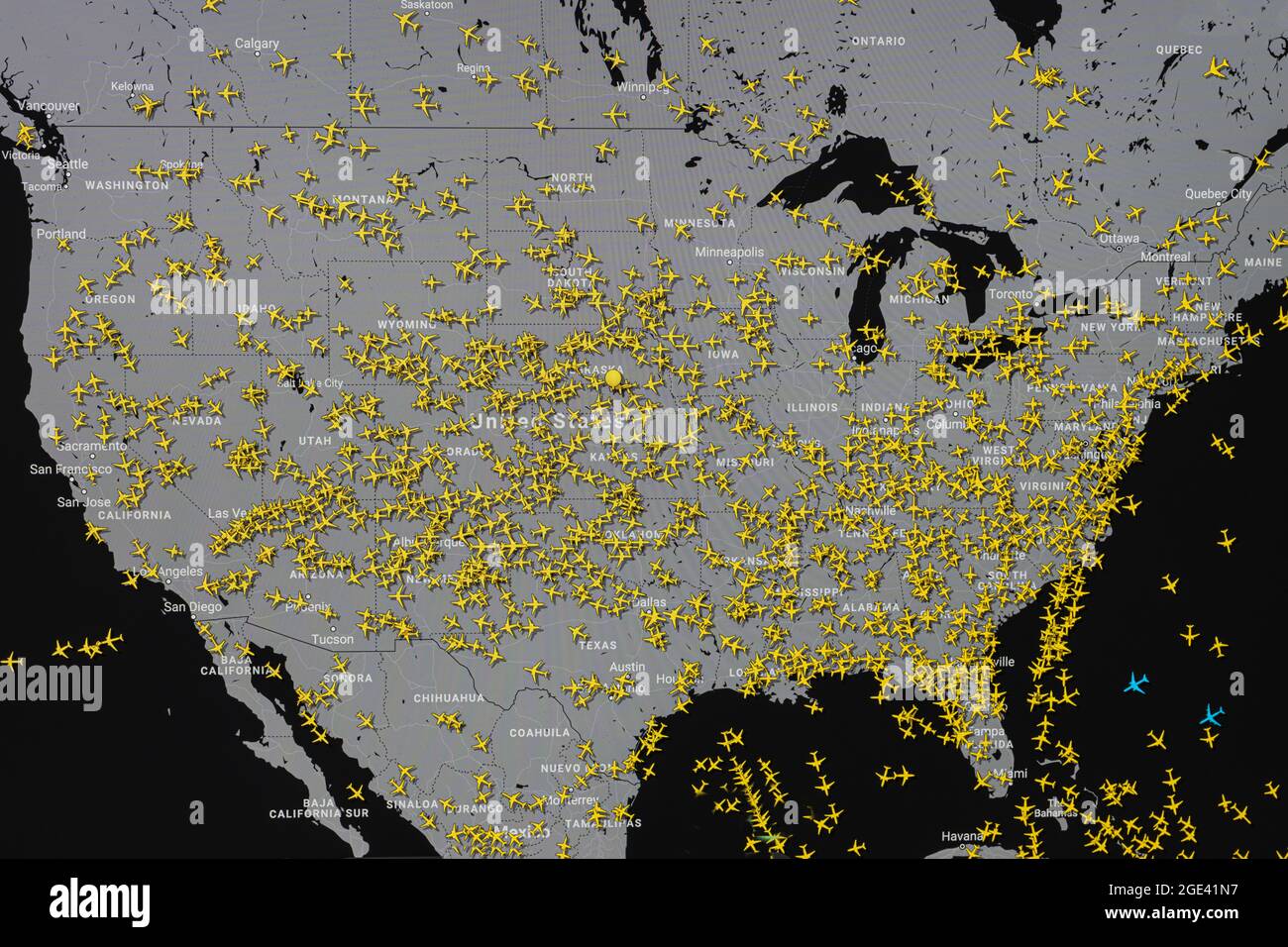 map of airline traffic over the skies of USA Stock Photo