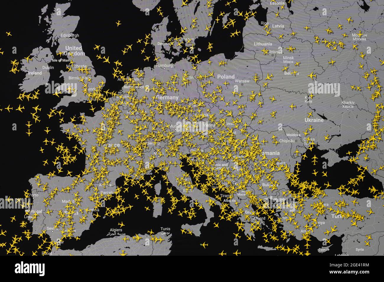 map of air traffic over the skies of Europe Stock Photo