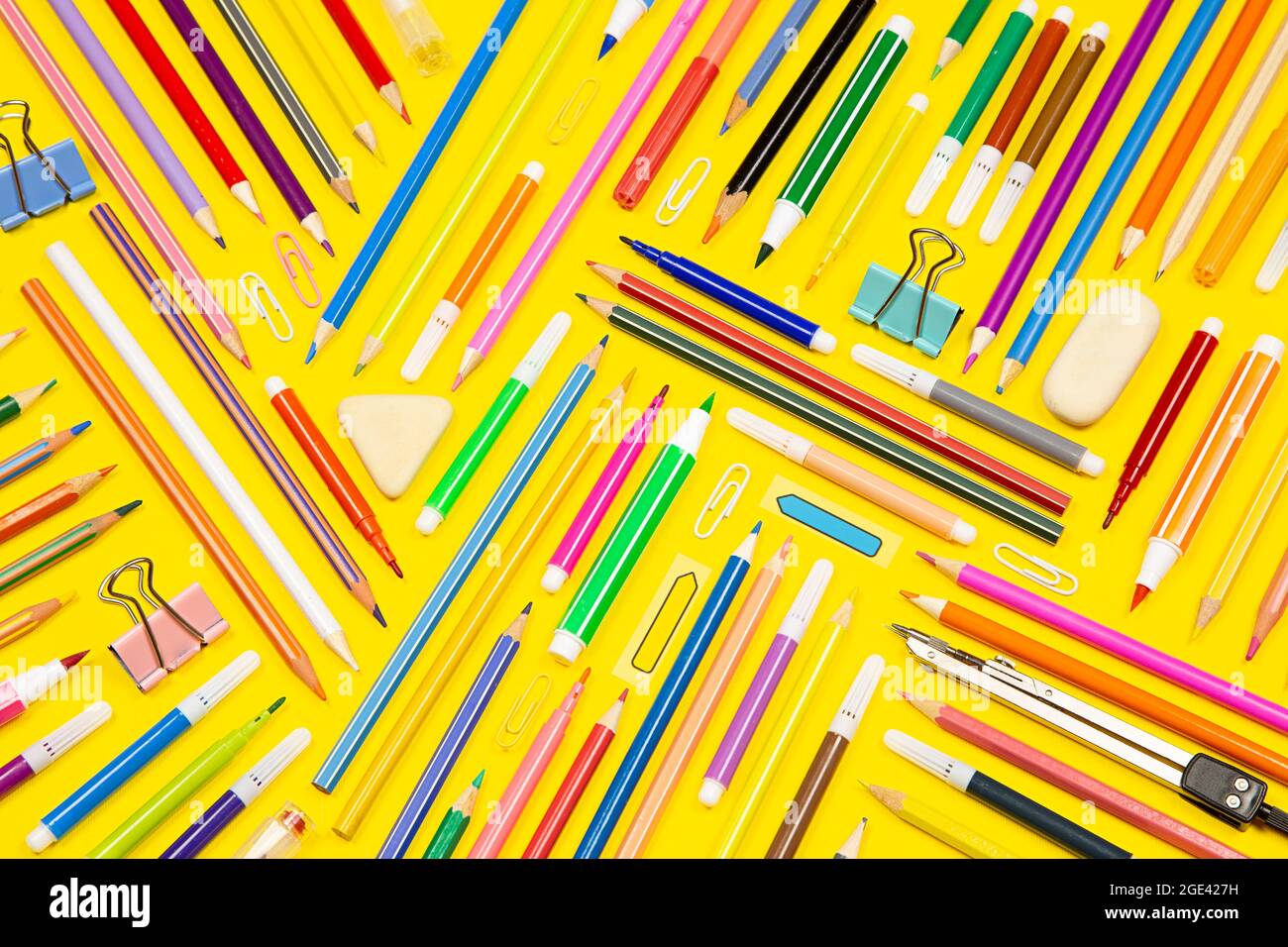 School supplies on yellow background Stock Photo