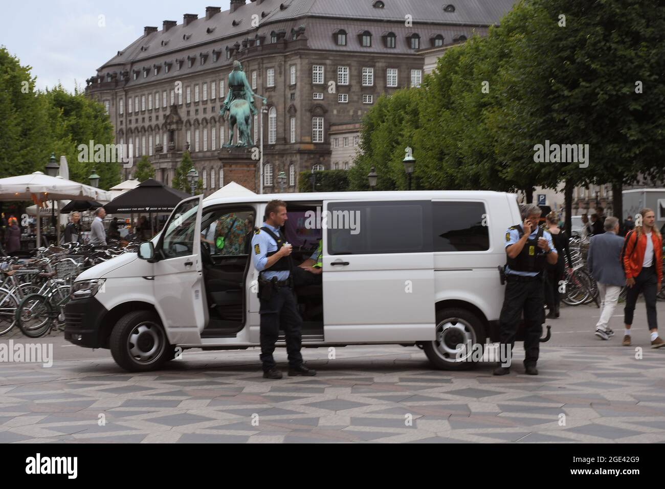 Copenhagen, Denmark., 16.August 2021,Danish police officer on duty in danish capital on amager torv stroget in Copenhagen.   (Photo..Francis Joseph De Stock Photo