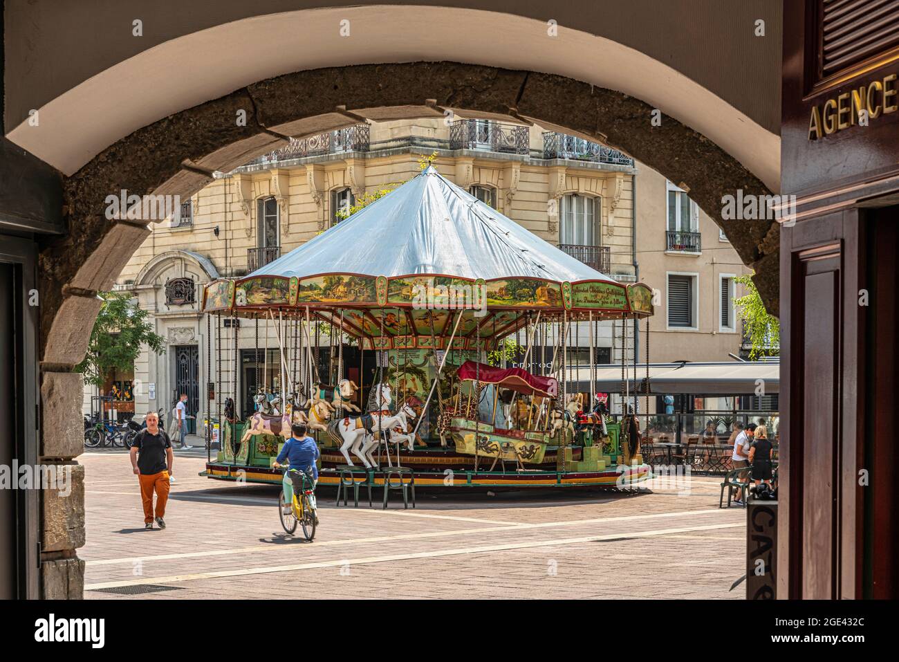 The carousel for children in Grenette square in Grenoble. Grenoble, Isère département, Auvergne-Rhône-Alpes Region, France, Europe Stock Photo