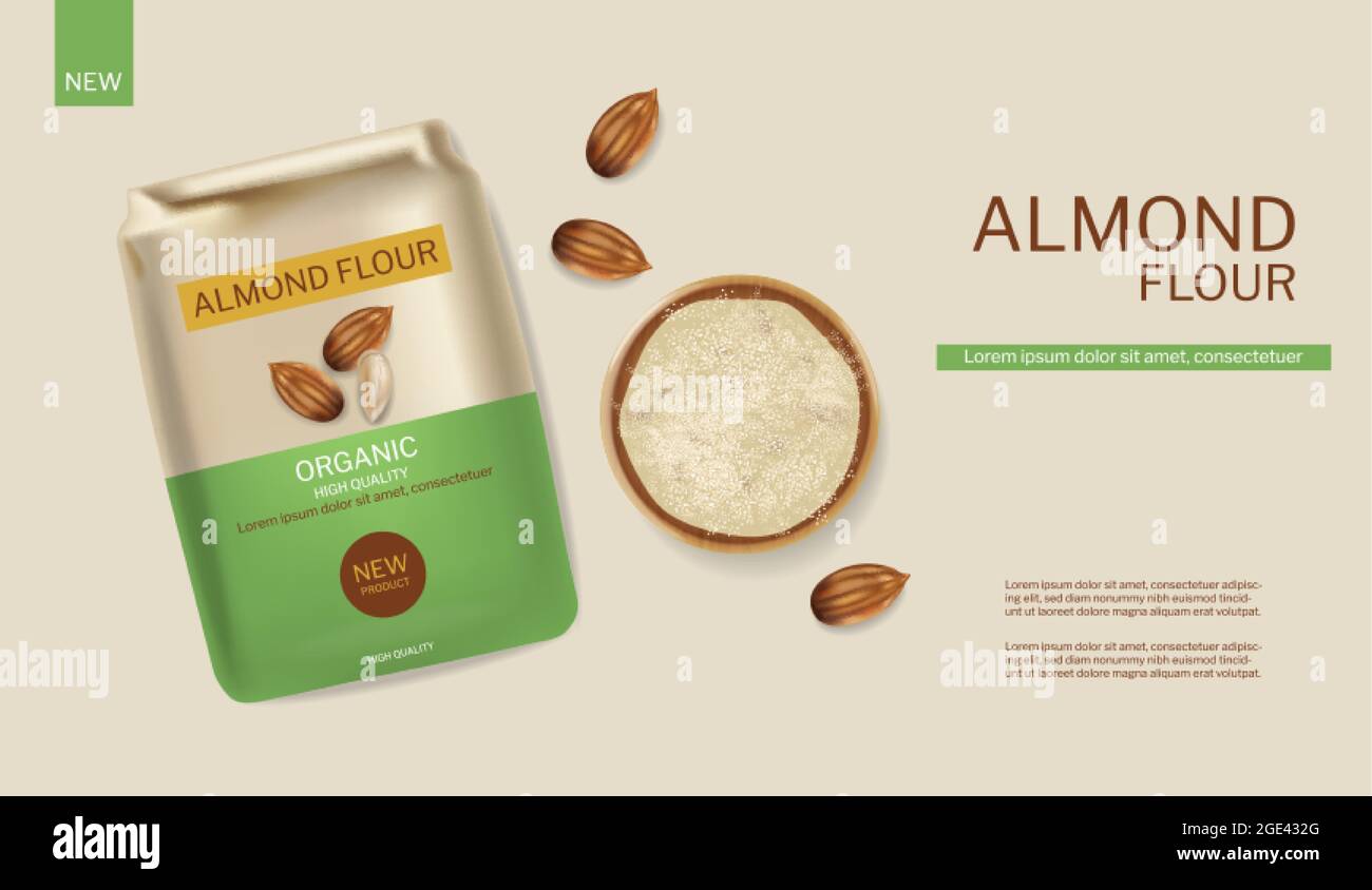 Almond flour vector realistic package. Product placement mock up